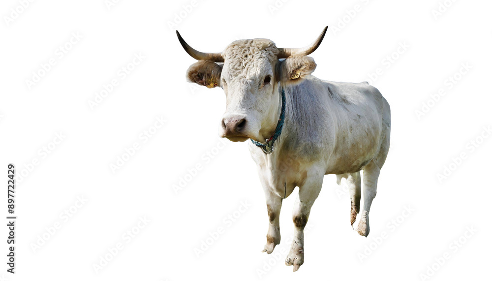 A white cow with a black collar stands in front of a white background A white cow with a black collar stands in front of a white background