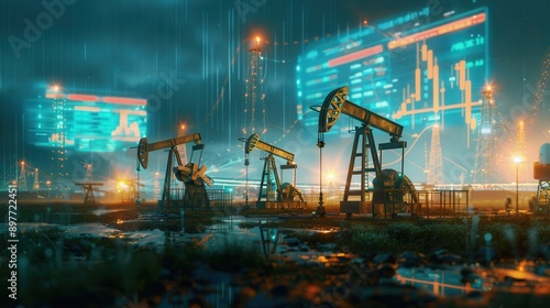 A field of oil pumps operating under a night sky, with a large digital screen displaying financial charts in the background.