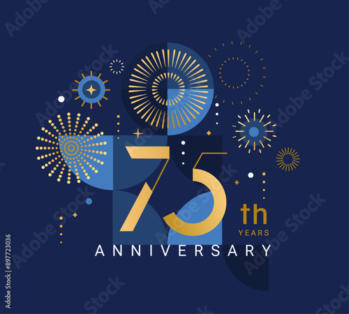 Anniversary 75, celebrating seventy five years,75th anniversary.Elegant card for event with abstract golden fireworks and golden numbers on blue background with geometric pattern.Vector illustration