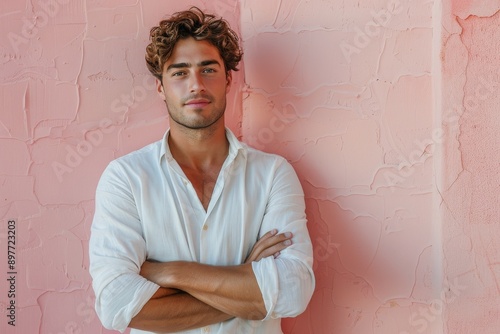 Man Standing With Arms Crossed in Front of Pink Wall
