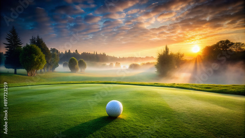 A serene landscape of a golf course at dawn, with misty fog rolling over lush green grass and a solitary golf ball resting on the edge. photo