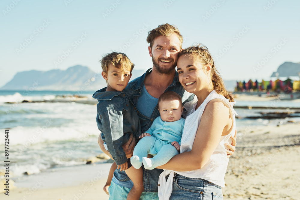 Mother, father or children at beach for portrait, holiday or family travel with boys, toddler or baby. Parents, proud dad or mom with kids at sea on outdoor vacation with fun memory, smile or nature Mother, father or children at beach for portrait, holiday or family travel with boys, toddler or baby. Parents, proud dad or mom with kids at sea on outdoor vacation with fun memory, smile or nature