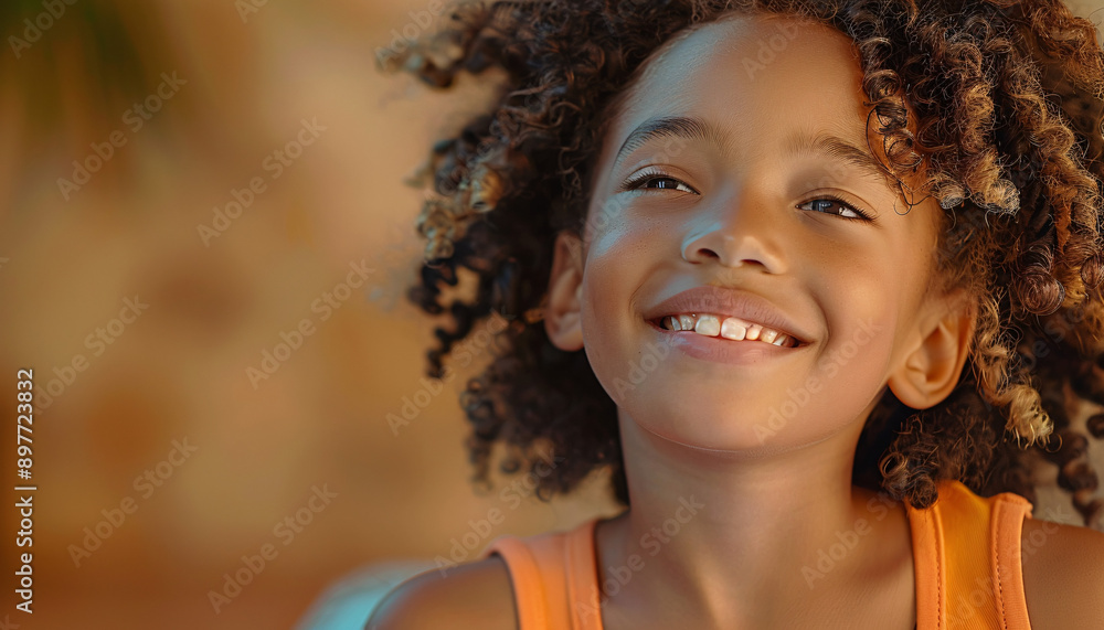A young girl with curly hair is smiling and wearing an orange tank top, radiating joy and relaxation. Suitable for lifestyle, fashion, leisure, and summertime concepts. A young girl with curly hair is smiling and wearing an orange tank top, radiating joy and relaxation. Suitable for lifestyle, fashion, leisure, and summertime concepts.