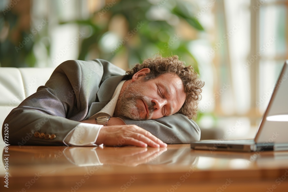Workplace fatigue: tired worker sleeping at desk with laptop or computer, office environment, heavy work graph, realities of full commitment, responsibility, strain of labour day exhaustion. Workplace fatigue: tired worker sleeping at desk with laptop or computer, office environment, heavy work graph, realities of full commitment, responsibility, strain of labour day exhaustion.