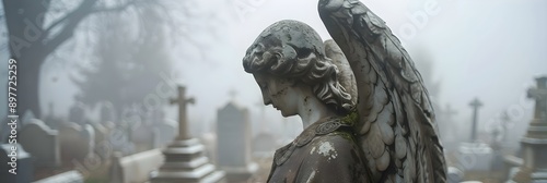 Stone statue in a cemetery surrounded. Sad grieving angel in graveyard with old destroyed crosses and tombstones. Death ceremony and memorial service. Funeral, loss, and sorrow concept