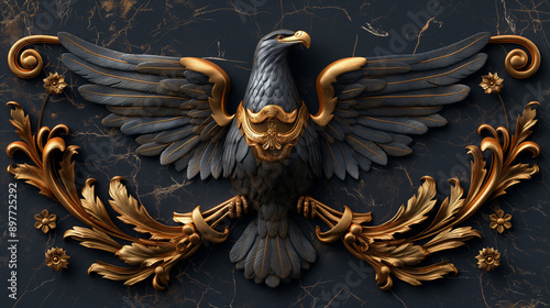 Luxury coat of arms art. Black background. Eagle