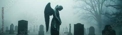 Stone statue in a cemetery surrounded. Sad grieving angel in graveyard with old destroyed crosses and tombstones. Death ceremony and memorial service. Funeral, loss, and sorrow concept