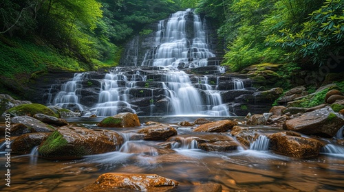 Beautiful Waterfall in the Great Smoky Mountains Surrounded by Lush Greenery and Wildlife Captured with Wide Angle Lens, Featuring Rocks and Cascades in a Serene Natural Setting