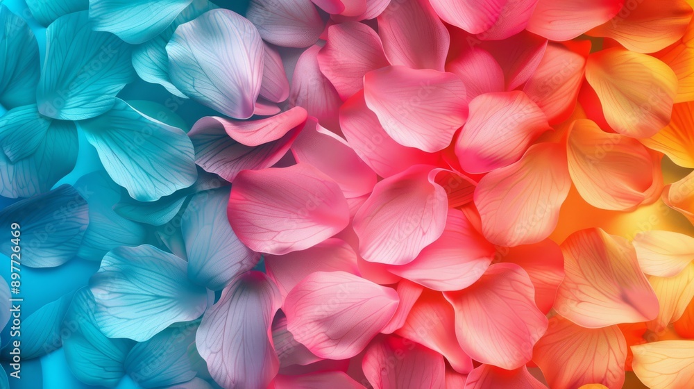 Vibrant background with blue, pink, and orange flower petals creates an artistic and ethereal atmosphere Vibrant background with blue, pink, and orange flower petals creates an artistic and ethereal atmosphere