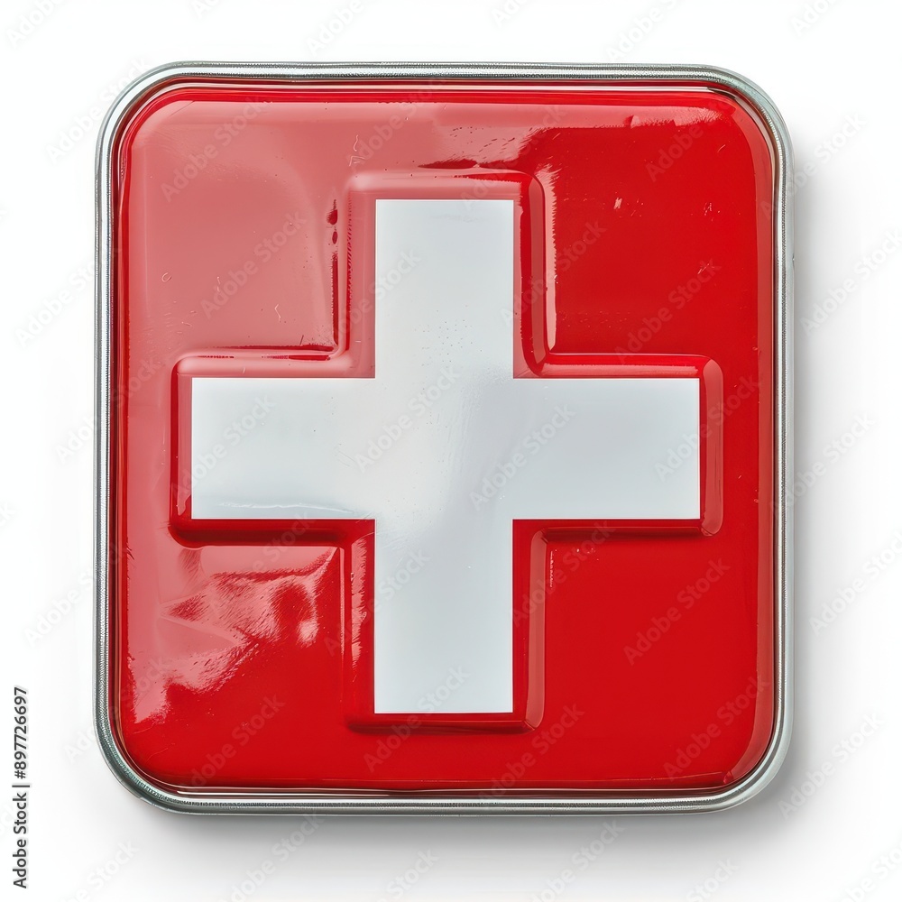 Fototapeta premium First Aid Kit Red and White Rectangular Canister with the Swiss Cross