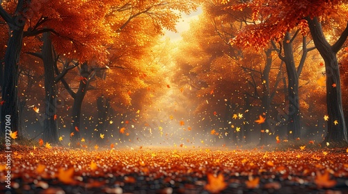 A Beautiful Autumn Maple Tree Grove in Full Color with Golden Leaves Falling to the Ground, Offering a Picturesque Scene of Nature's Beauty