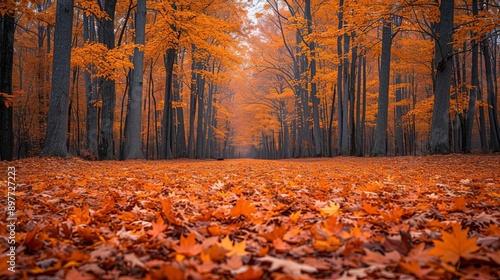 A Beautiful Autumn Maple Tree Grove in Full Color with Golden Leaves Falling to the Ground, Offering a Picturesque Scene of Nature's Beauty