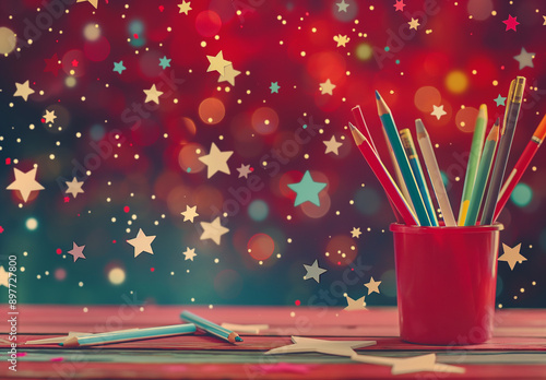 Colorful Pencils in a Starry Background Cup, Back to School Supplies and Creative Learning with Fun, Vibrant, and Artistic Design. photo