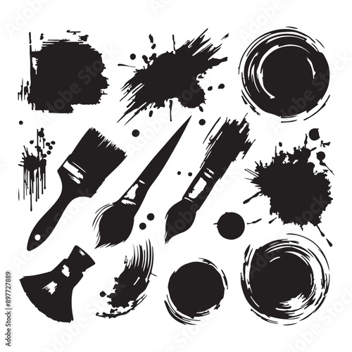 Grungy paint brush strokes and artistic ink splatters with smears and stains. Ink paint splashes with drips, blot drops, dry brush marks, rough round frames. Vector illustration with white background