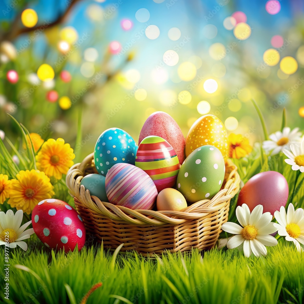 Colorful Easter Eggs in a Basket on Grass, Easter , Spring , Holiday , Decoration Colorful Easter Eggs in a Basket on Grass, Easter , Spring , Holiday , Decoration