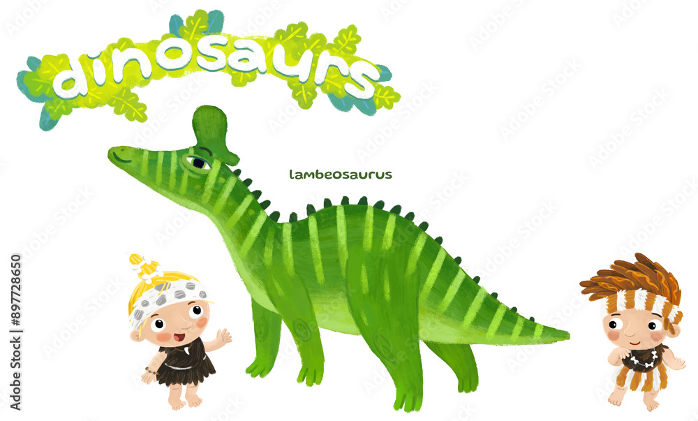 Obraz premium caveman human cartoon happy and funny colorful prehistoric dinosaur dino lambeosaurus isolated illustration with child pointing on animal