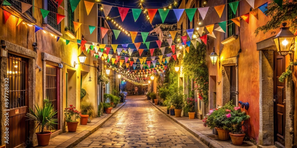 Naklejka premium Festive Street at Night with Colorful Flags, Cobblestone Path, and String Lights, Night Photography, Cityscape, Europe, Travel
