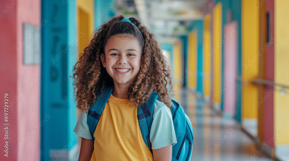 Smiling Girl with Backpack in School Hallway, Ready for Back to School with Bright and Colorful Surroundings Smiling Girl with Backpack in School Hallway, Ready for Back to School with Bright and Colorful Surroundings