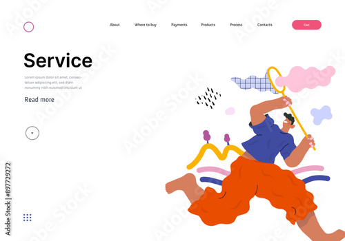 Life Unframed: Cloud catcher -modern flat vector concept illustration of running man with butterfly net. Metaphor of unpredictability, imagination, whimsy, cycle of existence, play, growth, discovery