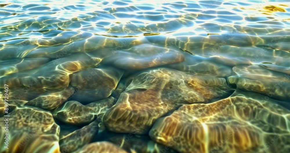 Crystal Clear Water Ripples Over Rocks: Sunbeams Dance on the Water's Surface, Creating a Serene and Tranquil Atmosphere. Crystal Clear Water Ripples Over Rocks: Sunbeams Dance on the Water's Surface, Creating a Serene and Tranquil Atmosphere.