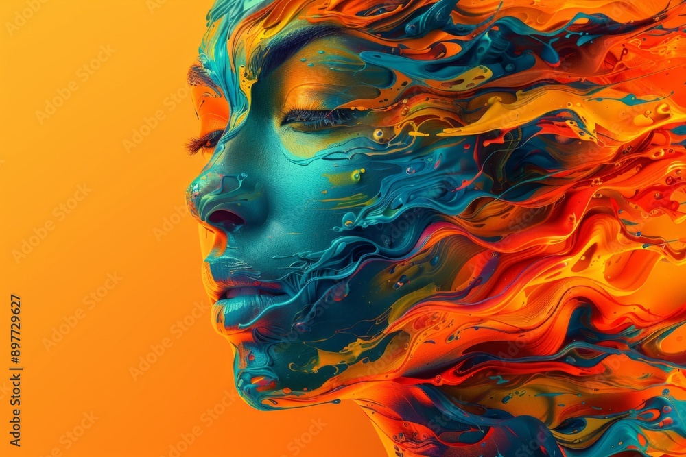 abstract portrait of a woman, rendered in vibrant hues of blue, orange, and yellow, evoking a sense of energy and ethereal beauty. abstract portrait of a woman, rendered in vibrant hues of blue, orange, and yellow, evoking a sense of energy and ethereal beauty.