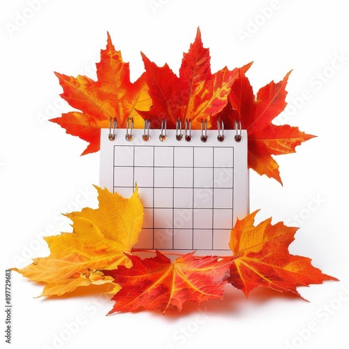 Autumn-themed calendar in front of fall leaves
