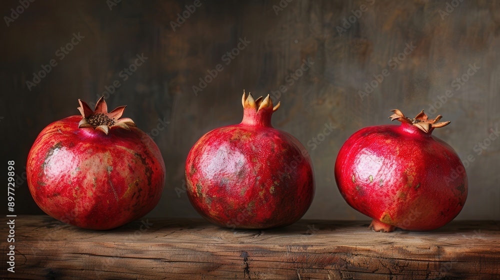 Three ripe pomegranates, displaying their red skin and seeds, sit in a row on a rustic wooden surface. Three ripe pomegranates, displaying their red skin and seeds, sit in a row on a rustic wooden surface.