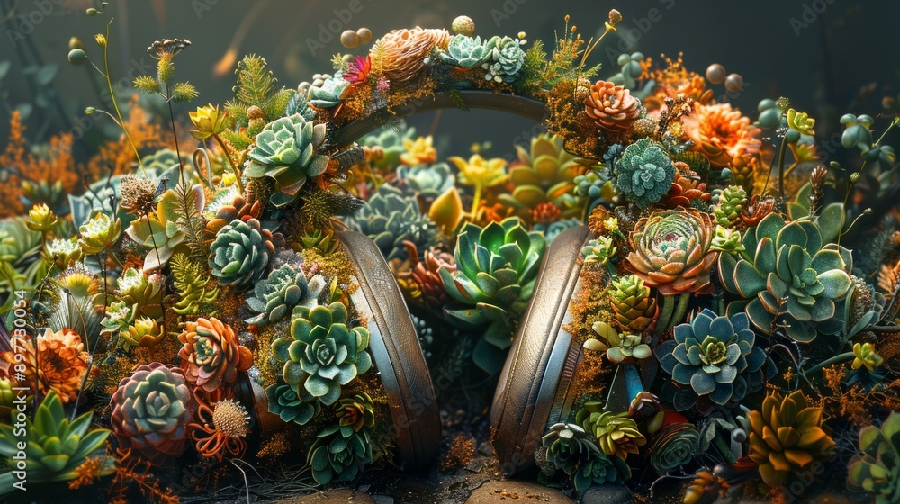 Headphones crafted from natural materials are adorned with vibrant succulents and wildflowers in a sun-drenched garden setting. Headphones crafted from natural materials are adorned with vibrant succulents and wildflowers in a sun-drenched garden setting.