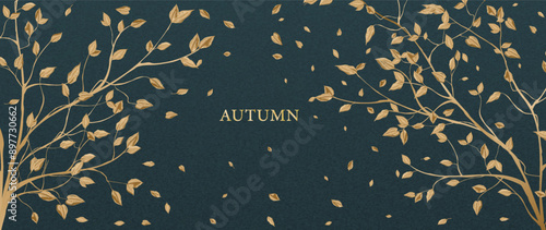 Autumn blue art background with golden leaves on trees with line elements and texture in modern style. Botanical banner for wallpaper, postcard, textile, packaging, cover, social media