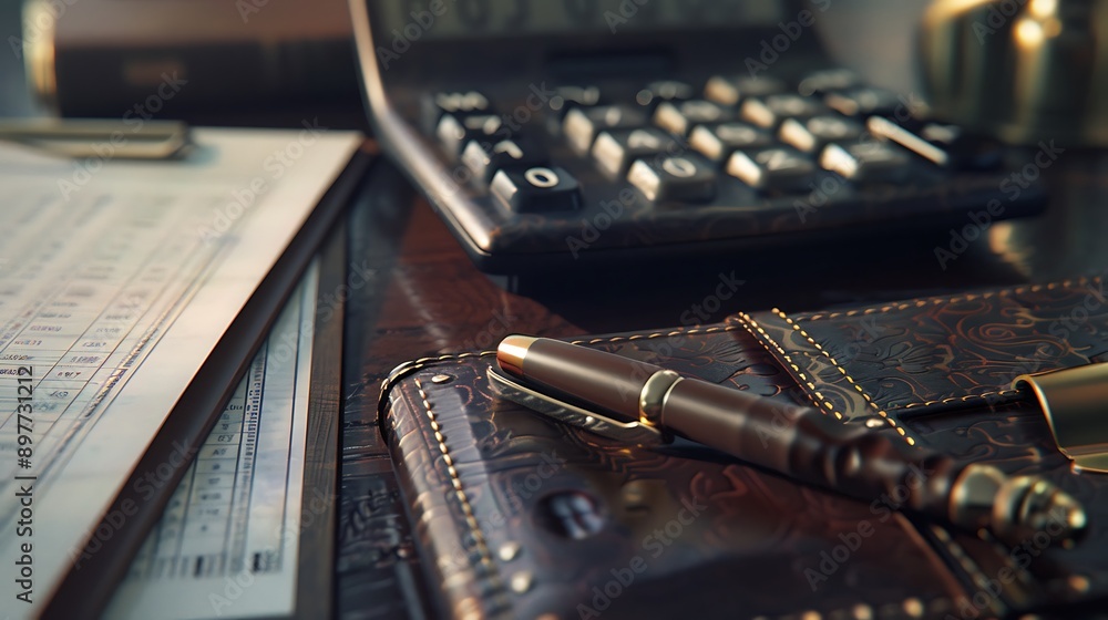 High Quality Calculator with Leather Case and Gold Trimmed Financial Documents on a Dark Wood Desk with Stylish Ballpoint Pen in a Sophisticated Business Setting High Quality Calculator with Leather Case and Gold Trimmed Financial Documents on a Dark Wood Desk with Stylish Ballpoint Pen in a Sophisticated Business Setting