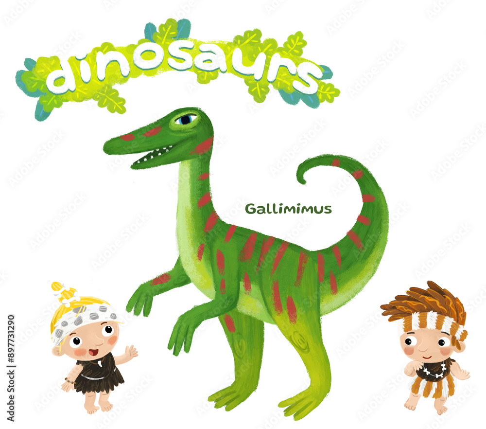 Obraz premium caveman human cartoon happy and funny colorful prehistoric dinosaur dino gallimimus isolated illustration with child pointing on animal