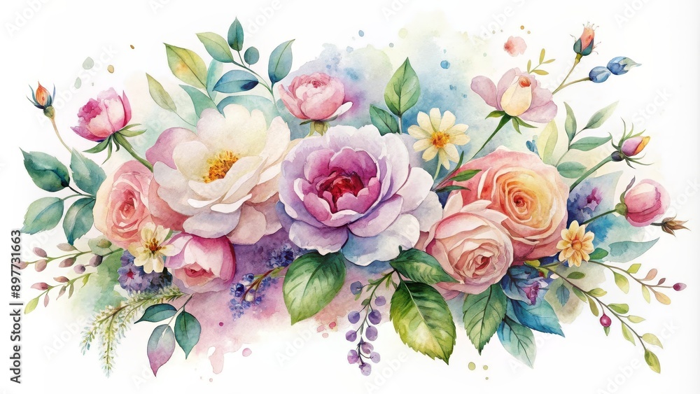 Watercolor Bouquet of Pink and White Roses with Green Leaves on a Blue and White Background, watercolor, rose, flower, bouquet, background Watercolor Bouquet of Pink and White Roses with Green Leaves on a Blue and White Background, watercolor, rose, flower, bouquet, background