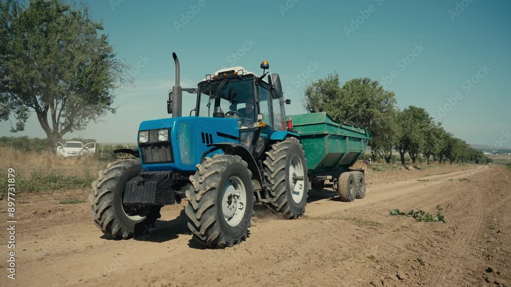 Tractor with a green container attachment driving on the countryside farm road. Tractor takes out the harvested berries from the countryside farm. Farm tractor carrying the container at countryside. Tractor with a green container attachment driving on the countryside farm road. Tractor takes out the harvested berries from the countryside farm. Farm tractor carrying the container at countryside.