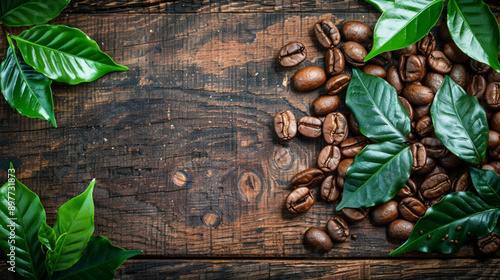 aromatic roasted coffee beans with fresh green leaves on rustic wooden table