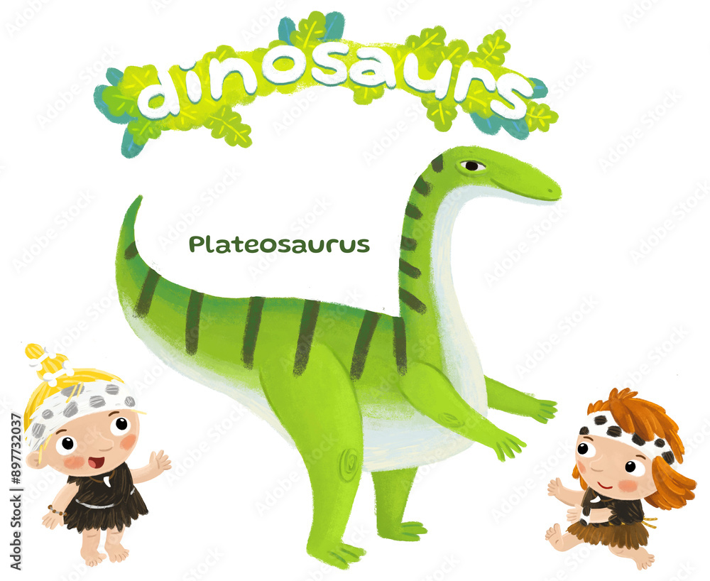 Fototapeta premium caveman human cartoon happy and funny colorful prehistoric dinosaur dino plateosaurus isolated illustration with child pointing on animal