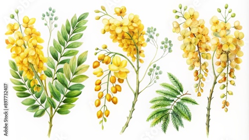 Fototapeta Naklejka Na Ścianę i Meble -  Watercolor Illustration of Golden Shower Tree, Botanical Illustration of Cassia Fistula, Watercolor Floral Elements, Cassia Fistula Flowers , Flower Illustration , botanical art , cassia fistula