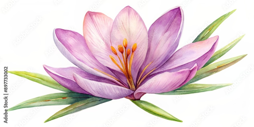 Obraz premium Watercolor Painting of a Purple Crocus Flower with Green Leaves, watercolor painting, crocus flower, purple flower, botanical illustration , flower, botanical