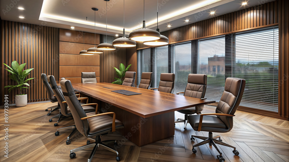 Empty modern conference room with wooden table, leather chairs, and professional lighting, ready for a business negotiation or corporate discussion. Empty modern conference room with wooden table, leather chairs, and professional lighting, ready for a business negotiation or corporate discussion.