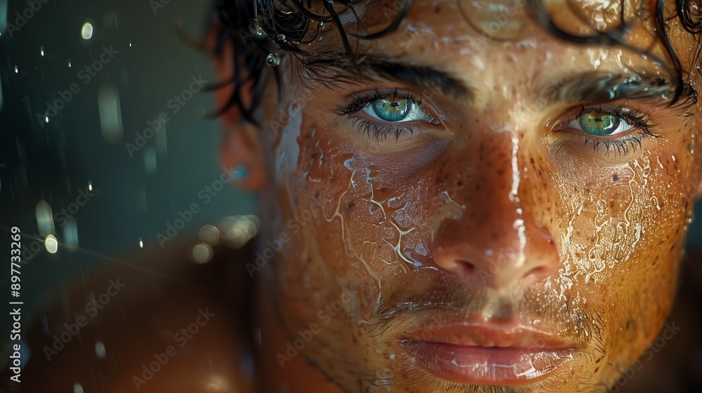 Close Up of Man's Face Covered in Water Droplets Close Up of Man's Face Covered in Water Droplets