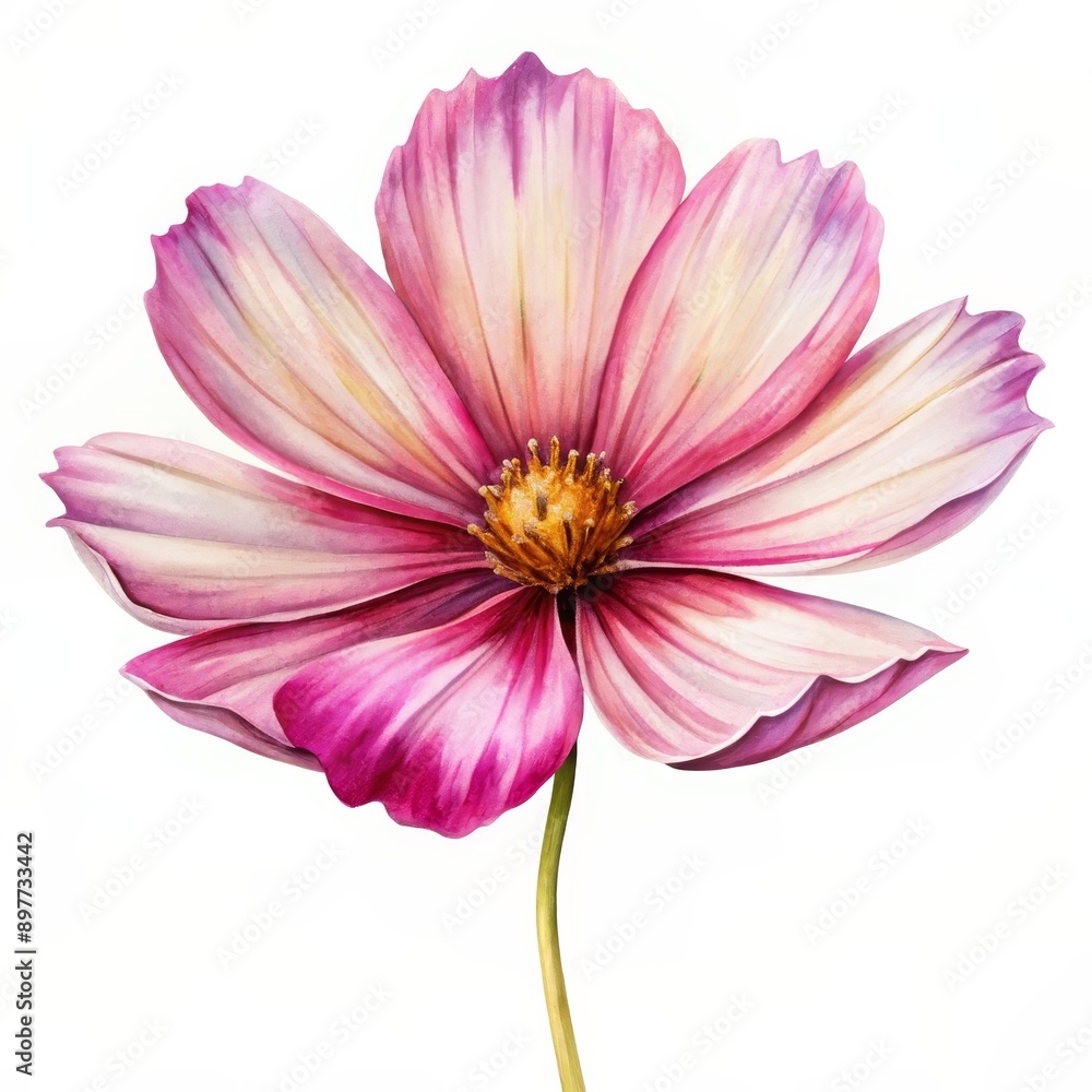 Obraz premium Watercolor Pink Cosmos Flower on White Background, watercolor, botanical, flower, pink