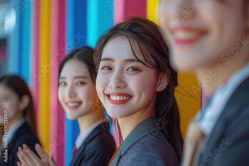 A group of businesspeople in cheerfulness, clinking glasses in celebration, random colorful background