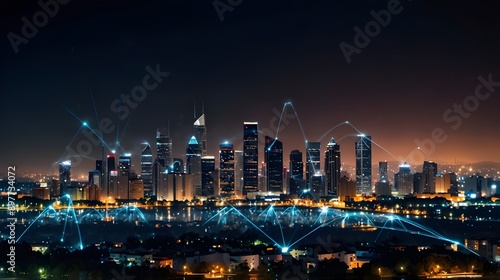 A contemporary metropolis including a wireless network connection and a cityscape design. Concept of wireless network and connection technologies with a nighttime metropolitan backdrop.