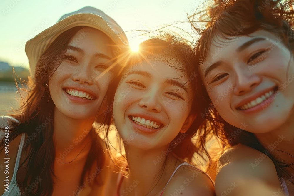 Three smiling friends enjoying a sunny beach day, capturing joyful moments with sunlight glowing behind them. Three smiling friends enjoying a sunny beach day, capturing joyful moments with sunlight glowing behind them.