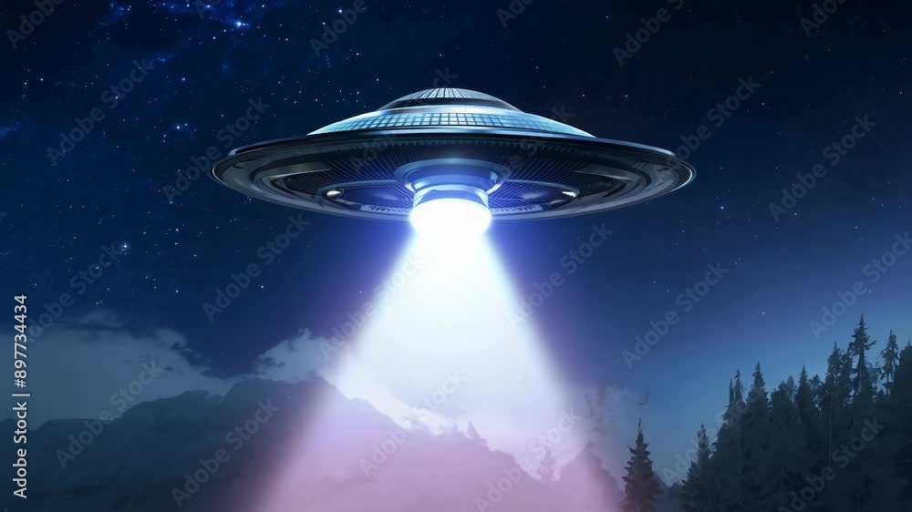 Futuristic UFO with Vibrant Light Beam Above Alien Terrain Futuristic UFO with Vibrant Light Beam Above Alien Terrain