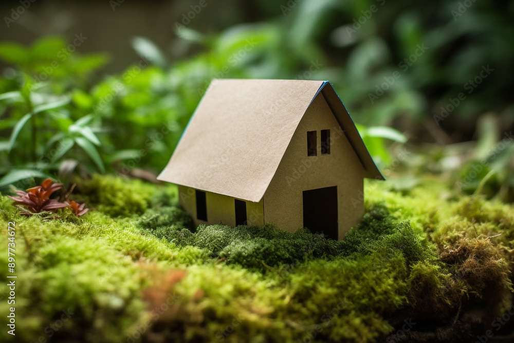 Eco Friendly House - Paper Home On Moss In Garden Eco Friendly House - Paper Home On Moss In Garden