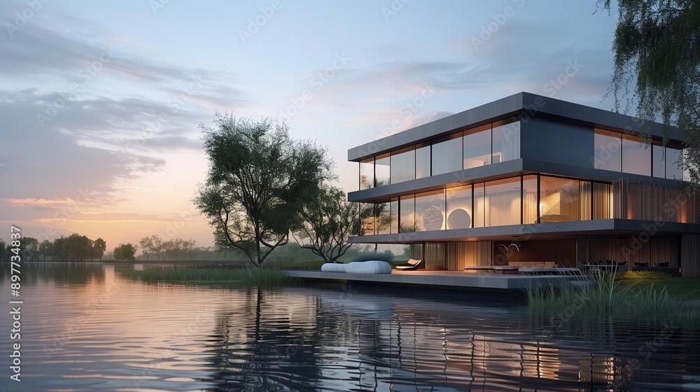 3d rendering of modern house by the river at evening. 3d rendering of modern house by the river at evening.