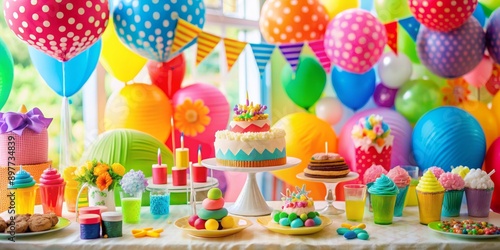 Birthday Party Celebration with Colorful Balloons and Desserts, birthday party , balloons , dessert , celebration