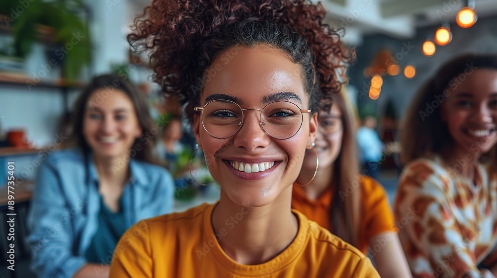 Radiant Confidence: A Young Woman in Glasses Beams with Joy, Surrounded by Friends in a Relaxed Setting, Embracing the Power of Female Connection. Radiant Confidence: A Young Woman in Glasses Beams with Joy, Surrounded by Friends in a Relaxed Setting, Embracing the Power of Female Connection.