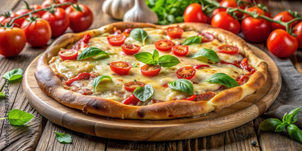 Close-up of a Delicious Pizza with Basil and Cherry Tomatoes on a Wooden Board, pizza , italian food , basil , tomatoes Close-up of a Delicious Pizza with Basil and Cherry Tomatoes on a Wooden Board, pizza , italian food , basil , tomatoes
