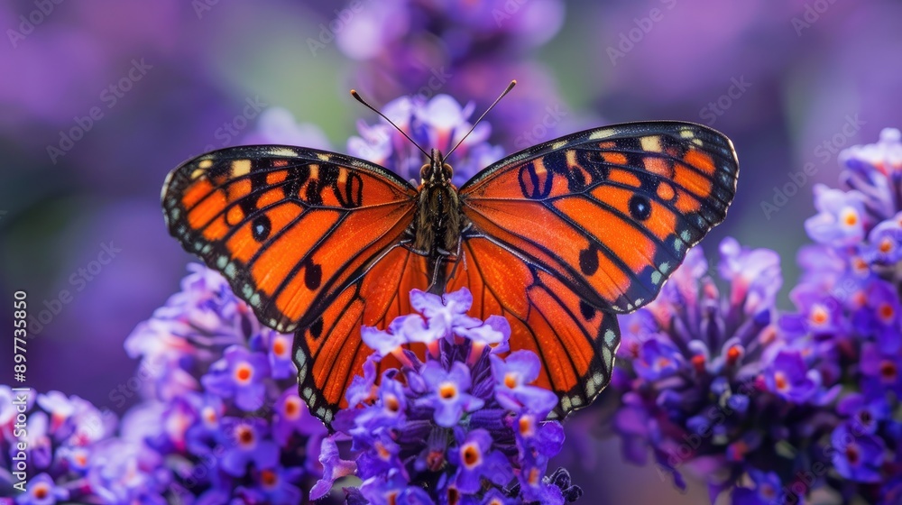 Naklejka premium Close up image of a butterfly on purple flowers